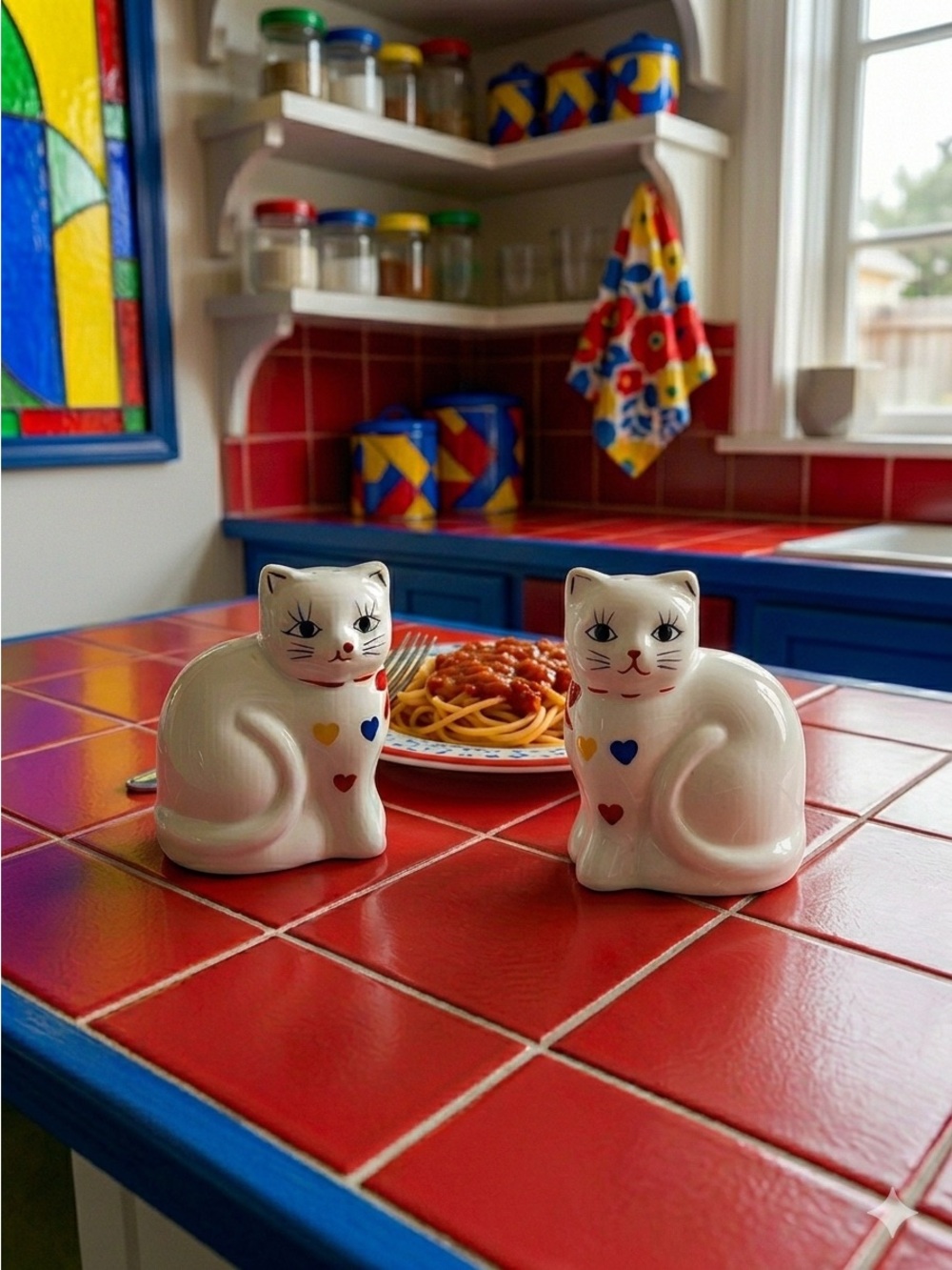 1980s Ron Gordon Designs Vintage Porcelain Cats w/ Hearts Salt & Pepper Shakers